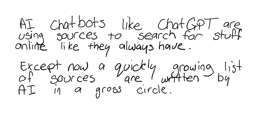 Troy's handwritten note about AI chatbots and their sources. Transcript below.