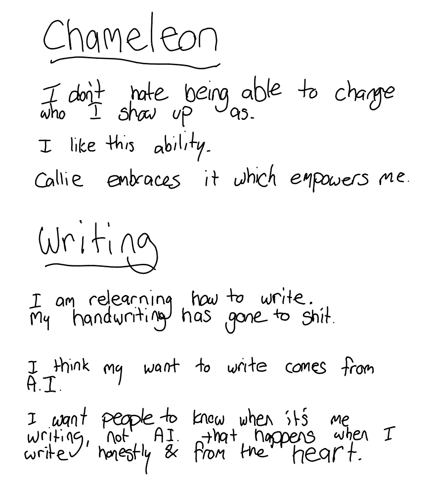 Troy's handwritten note, under the headings Chameleon and Writing. Transcript below.