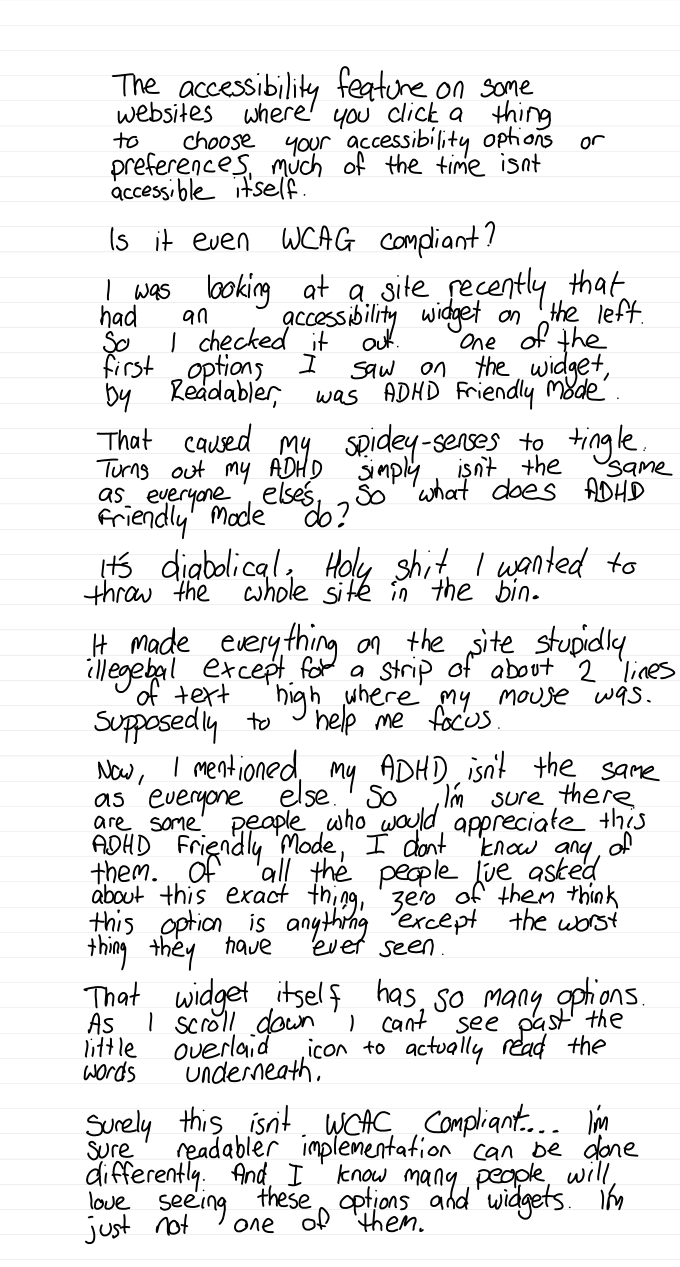 Troy's handwritten note about accessibility widgets, one page on lined paper. The first part of this article is the same text.